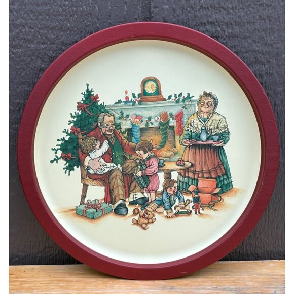 Vintage Round Christmas Decorative Metal Cookie Tray Christmas Tree Family Red - Picture 1 of 4